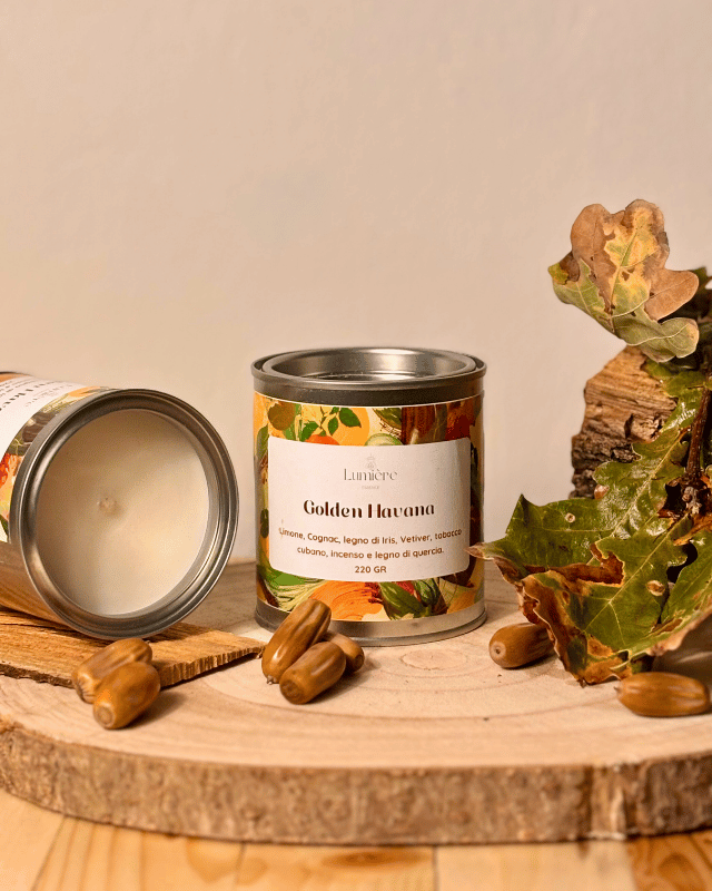 Candela di fronte semi e foglie di quercia, tronchetto di legno, e candela che mostra il suo interno