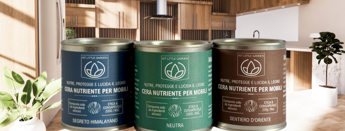 Foto di presentaione delle cere Kit Little Garden - Cere KLG - le cere sono messe odinate  con un etichetta colorata con colori diversi ma differenti fra tipoloie, l'etichetta con un design minimale e chiara