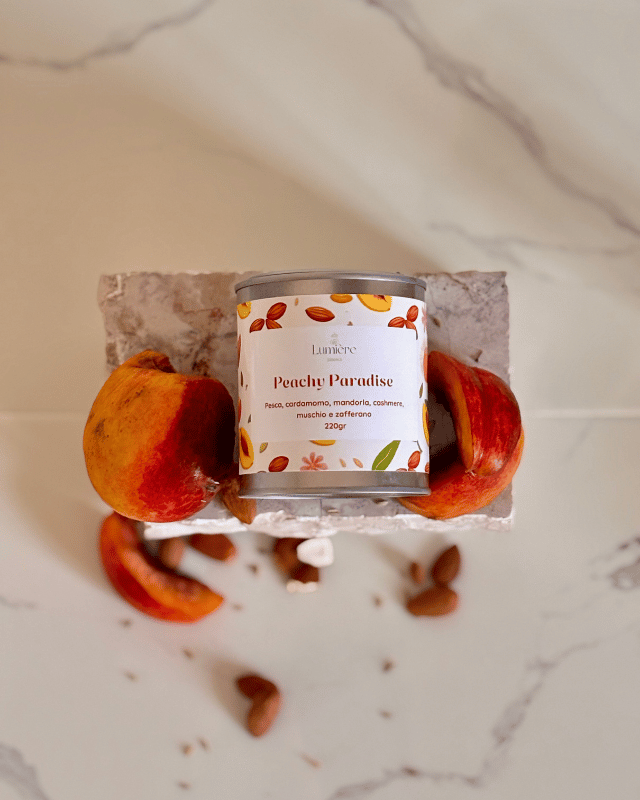 Candela in barattolo di latta realizzata in cera di cocco naturale con pesce mature che richiamano la fragranza su pietra vista dall'alto