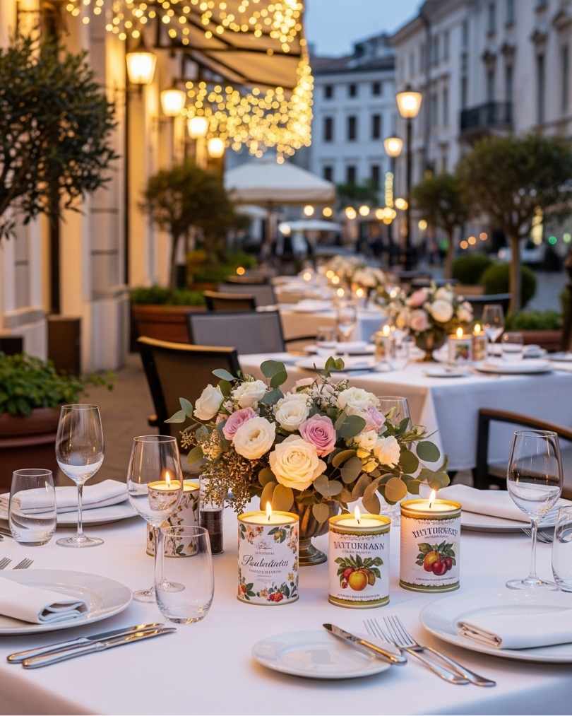 tavoli apparecchiati di ristorante all'aperto con fiori e candele