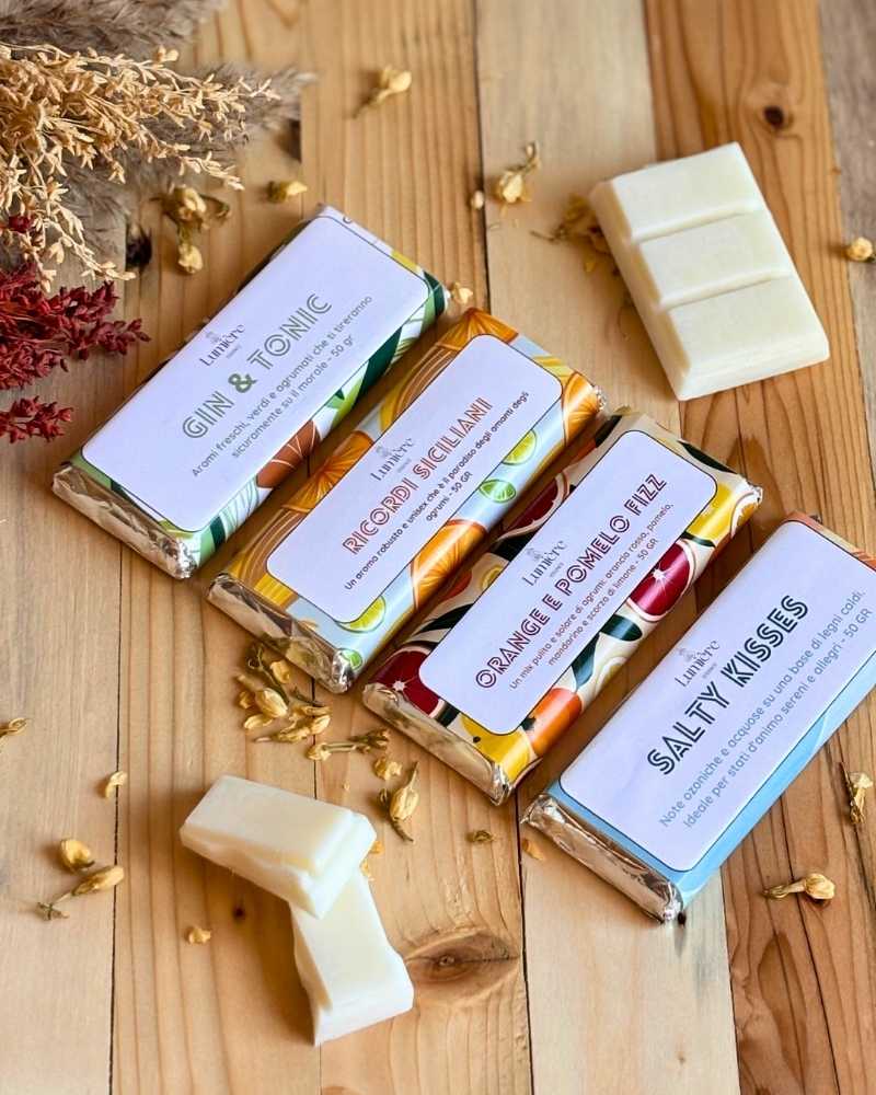 barrette in cera di cocco profumate, 4 varianti: Gin Tonic, Ricordi siciliani, Orange e pomelo fizz, salty kisses